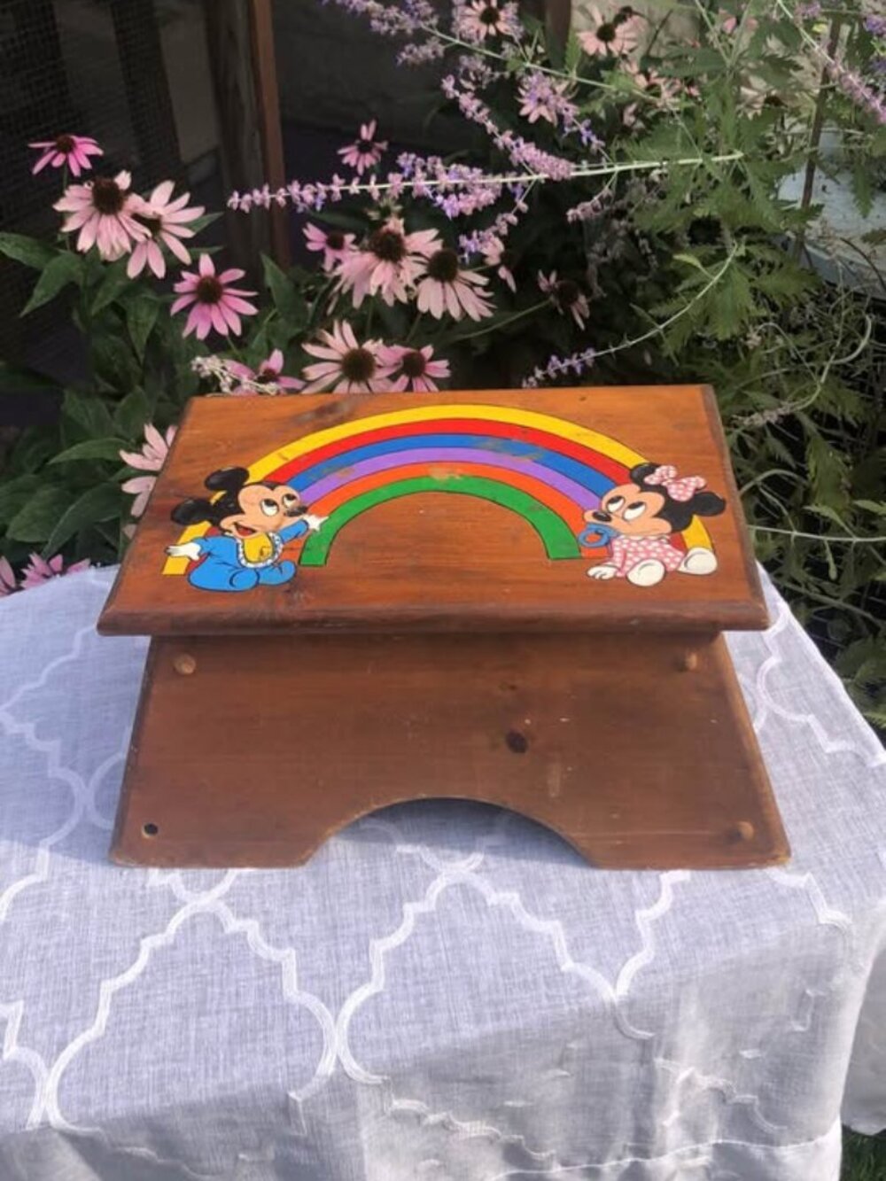 Vintage Disney kids step stool hand painted Baby Minnie & Mickey Mouse